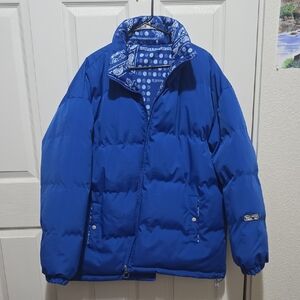 Psyohc Monkey Mens Blue Puffer Jacket with Paisley Bandana Lining, XL Tall